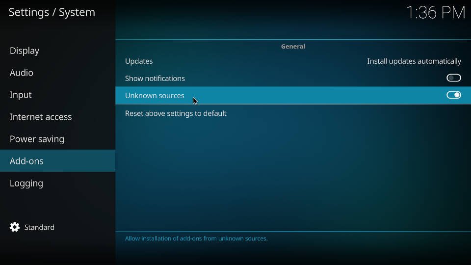 Enable unknown sources on Kodi